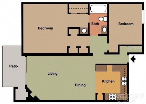 Floor plan for 2 beds, 1 bath, 1000 sqft